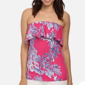 Lilly Pulitzer Wiley Ruffle Tube Top Capri Pink Samba Cotton Strapless Sz M